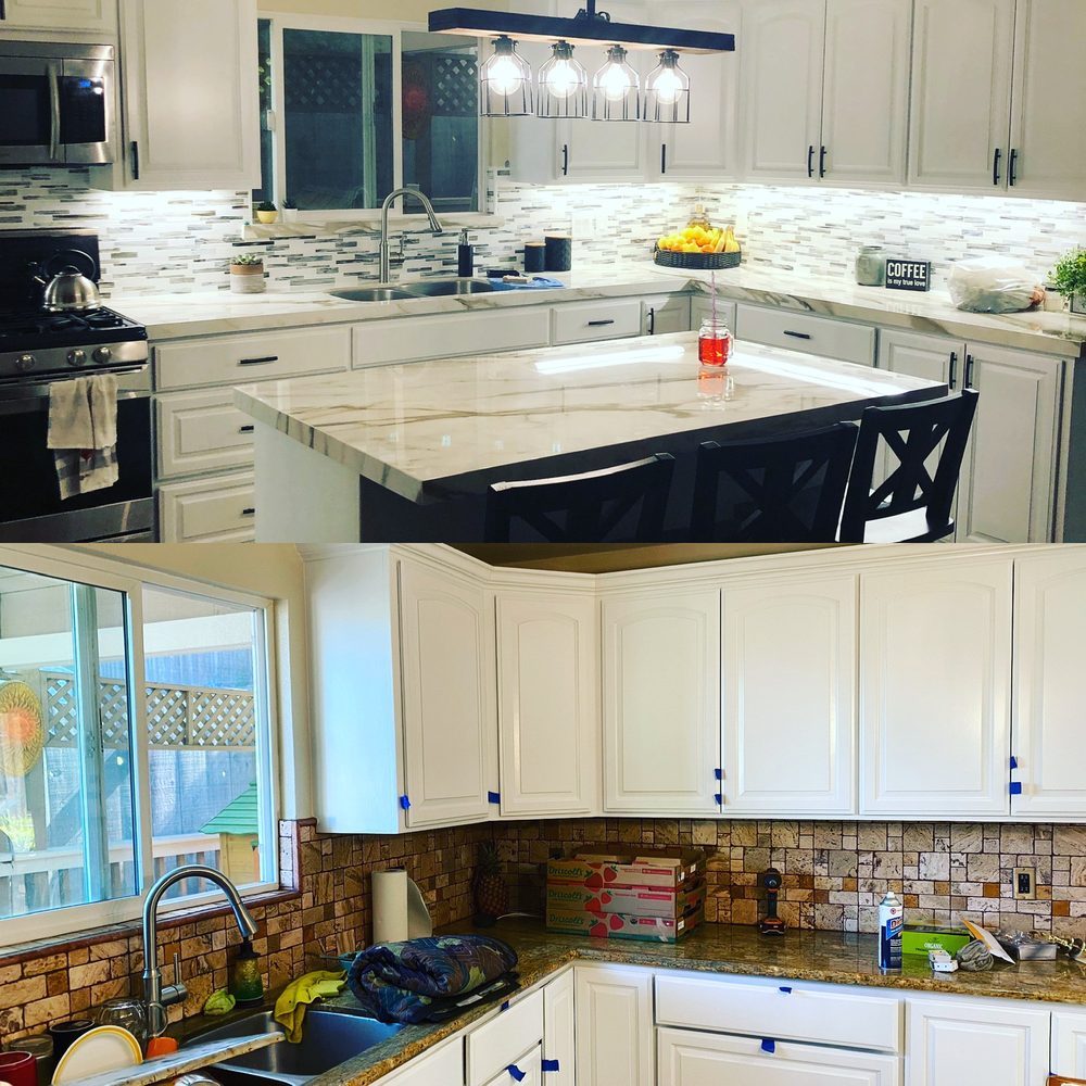 White kitchen cabinet painting project by J&M Custom Painting